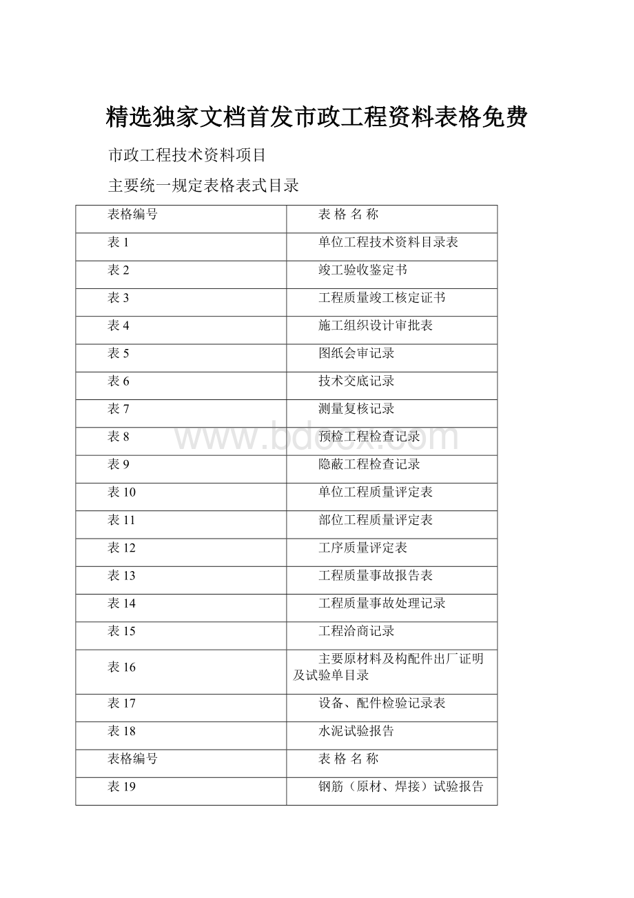 精选独家文档首发市政工程资料表格免费.docx