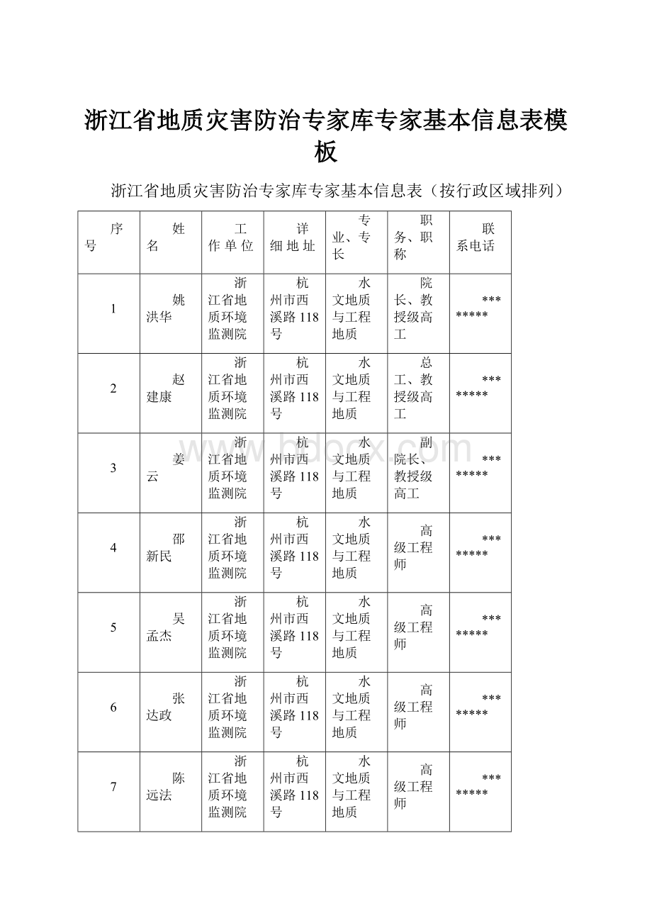 浙江省地质灾害防治专家库专家基本信息表模板.docx_第1页