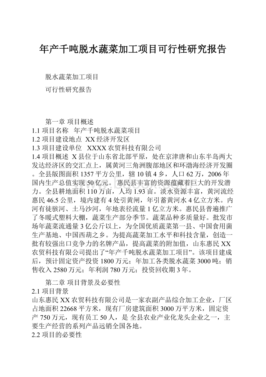 年产千吨脱水蔬菜加工项目可行性研究报告.docx