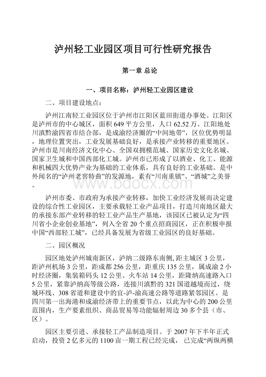 泸州轻工业园区项目可行性研究报告.docx_第1页