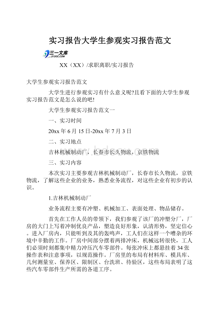 实习报告大学生参观实习报告范文.docx