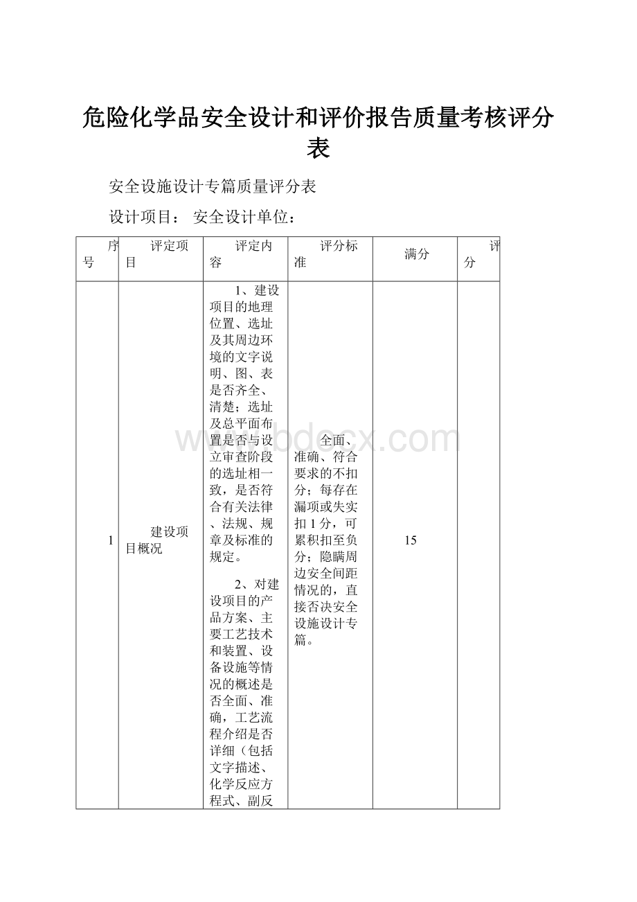 危险化学品安全设计和评价报告质量考核评分表.docx_第1页