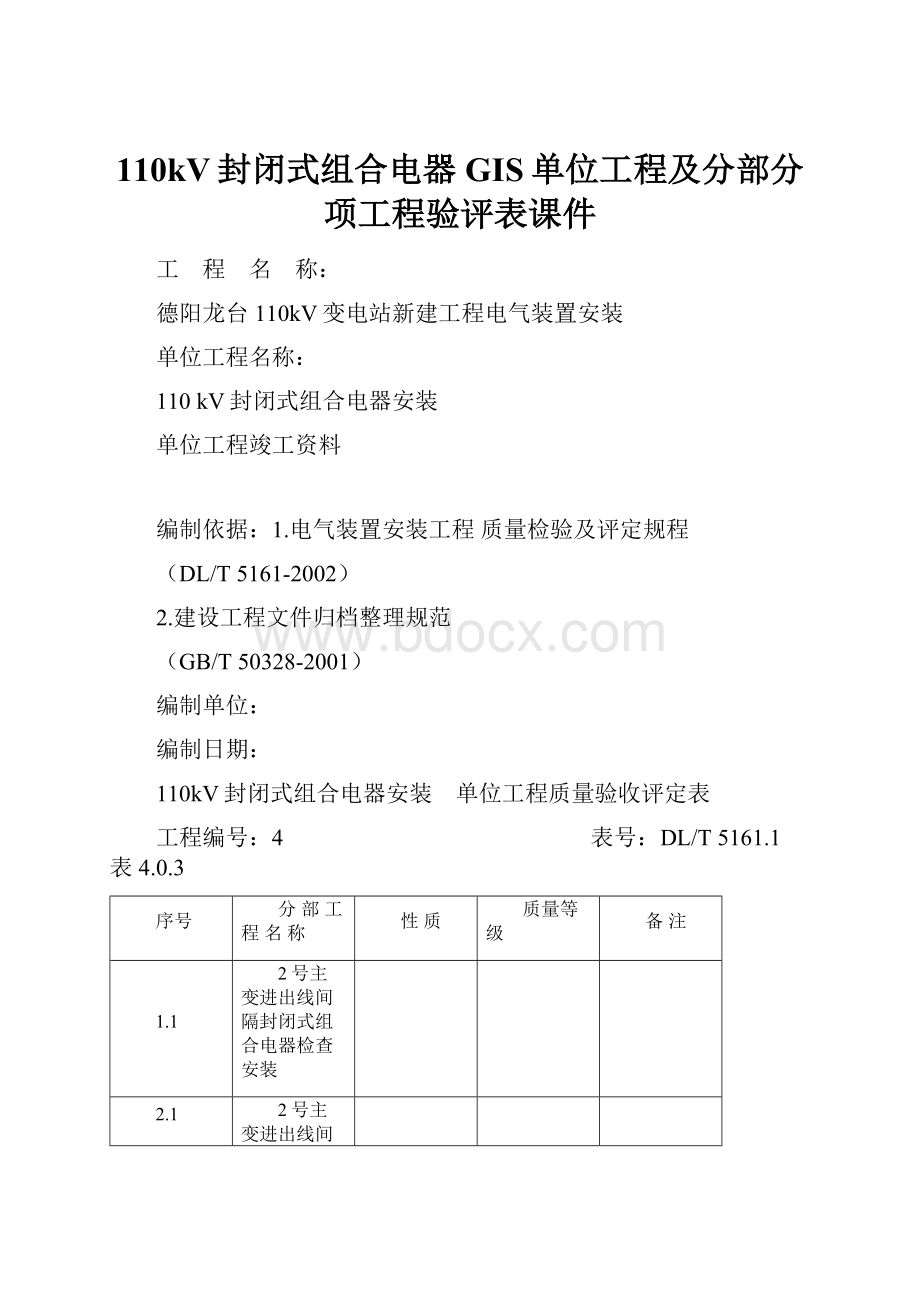 110kV封闭式组合电器GIS单位工程及分部分项工程验评表课件.docx