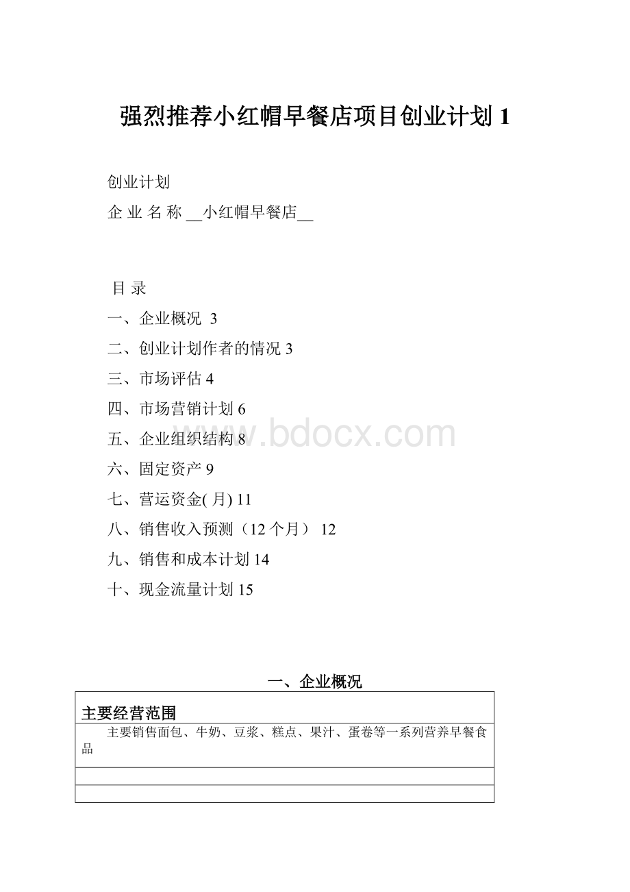 强烈推荐小红帽早餐店项目创业计划1.docx