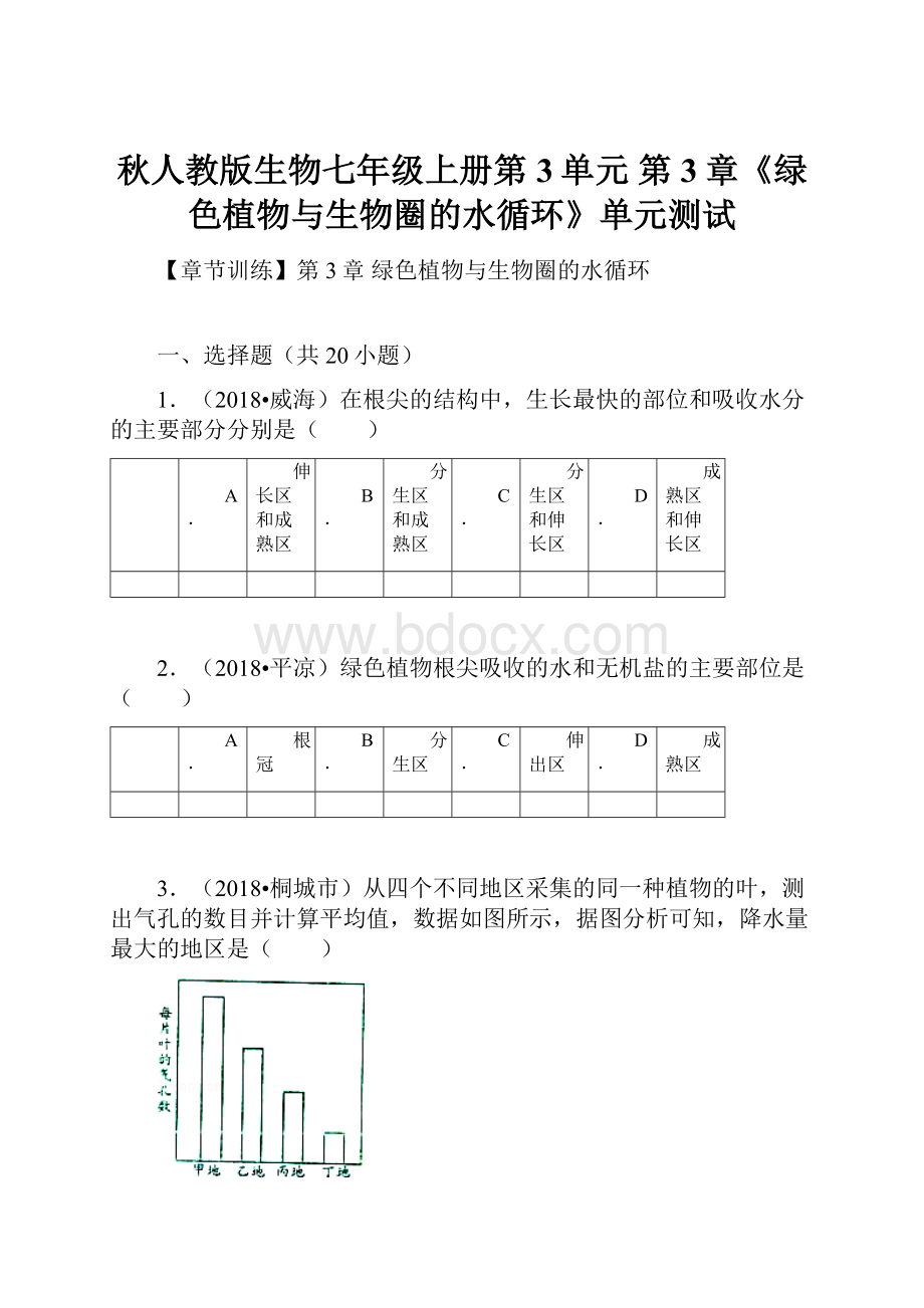 秋人教版生物七年级上册第3单元 第3章《绿色植物与生物圈的水循环》单元测试.docx