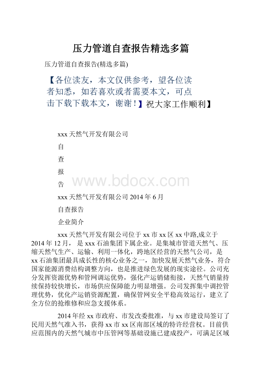 压力管道自查报告精选多篇.docx