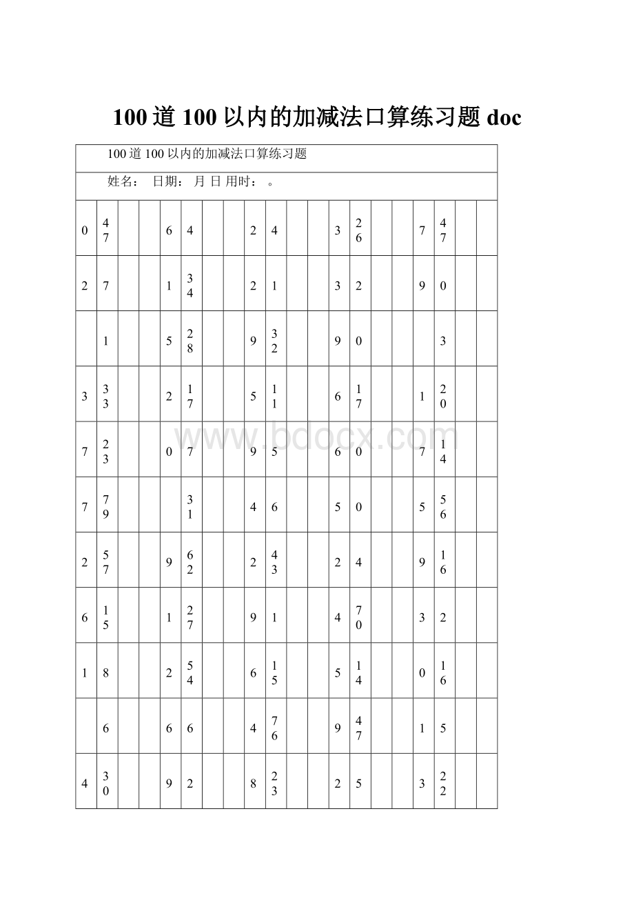 100道 100以内的加减法口算练习题doc.docx