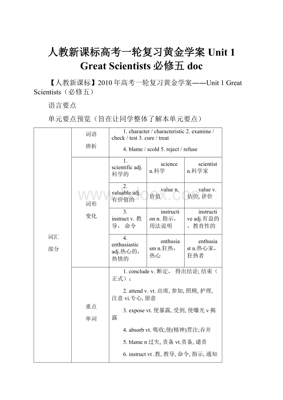 人教新课标高考一轮复习黄金学案Unit 1GreatScientists必修五 doc.docx