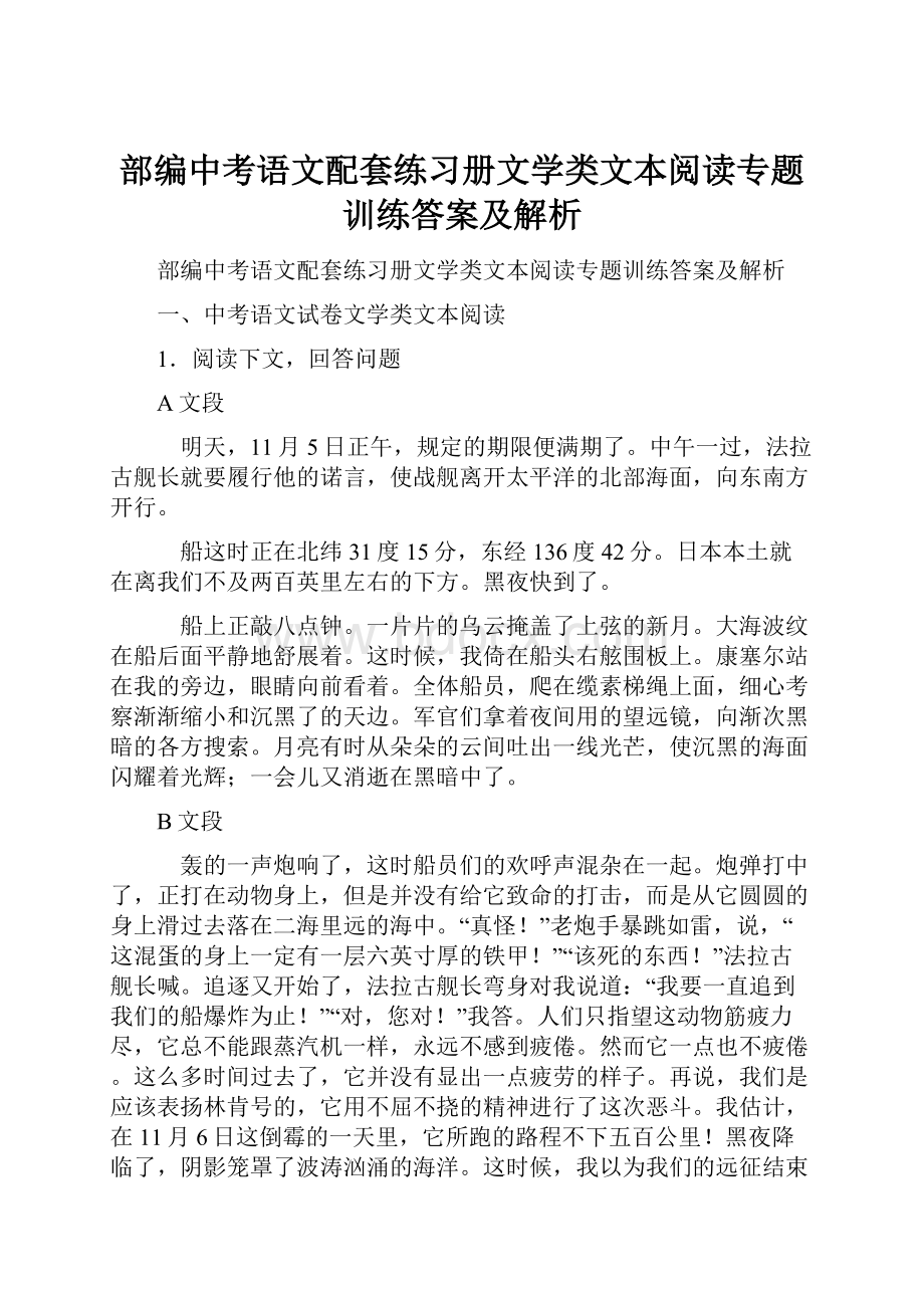 部编中考语文配套练习册文学类文本阅读专题训练答案及解析.docx