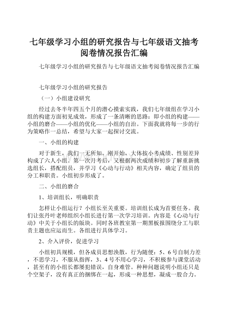 七年级学习小组的研究报告与七年级语文抽考阅卷情况报告汇编.docx