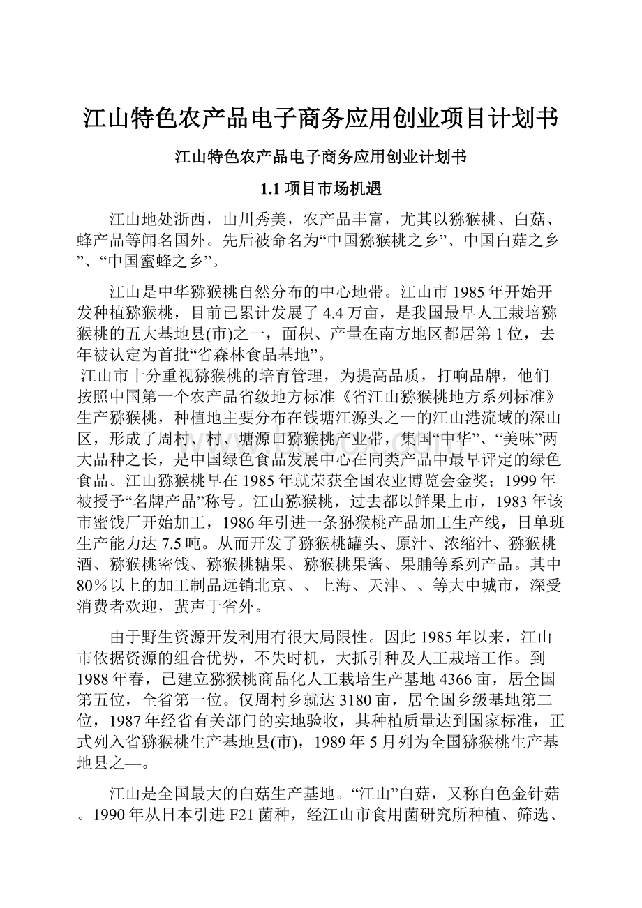 江山特色农产品电子商务应用创业项目计划书.docx