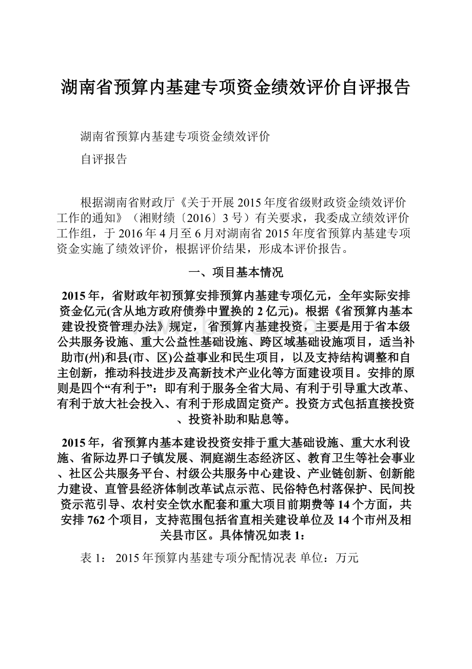 湖南省预算内基建专项资金绩效评价自评报告.docx