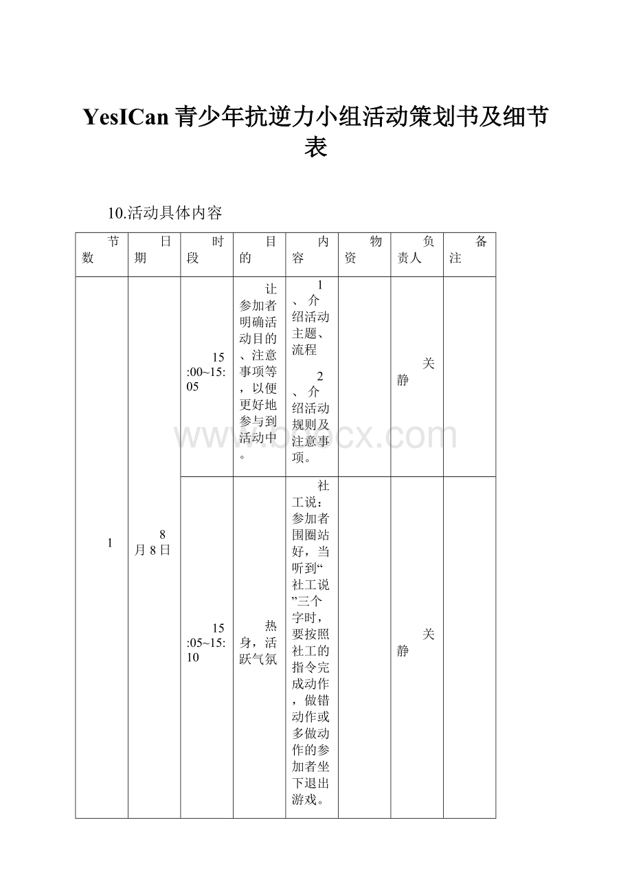 YesICan青少年抗逆力小组活动策划书及细节表.docx