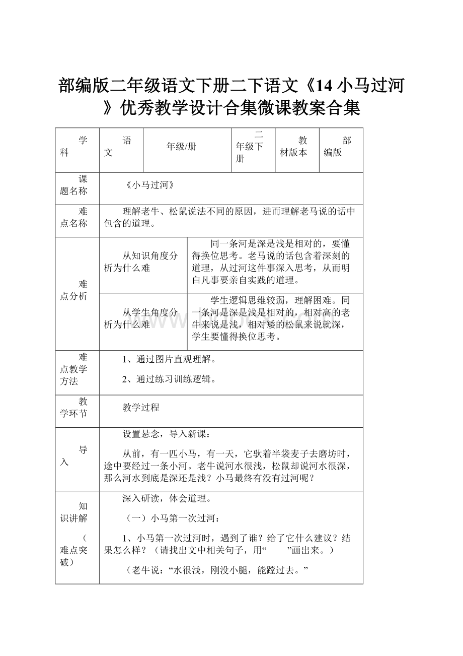 部编版二年级语文下册二下语文《14小马过河》优秀教学设计合集微课教案合集.docx