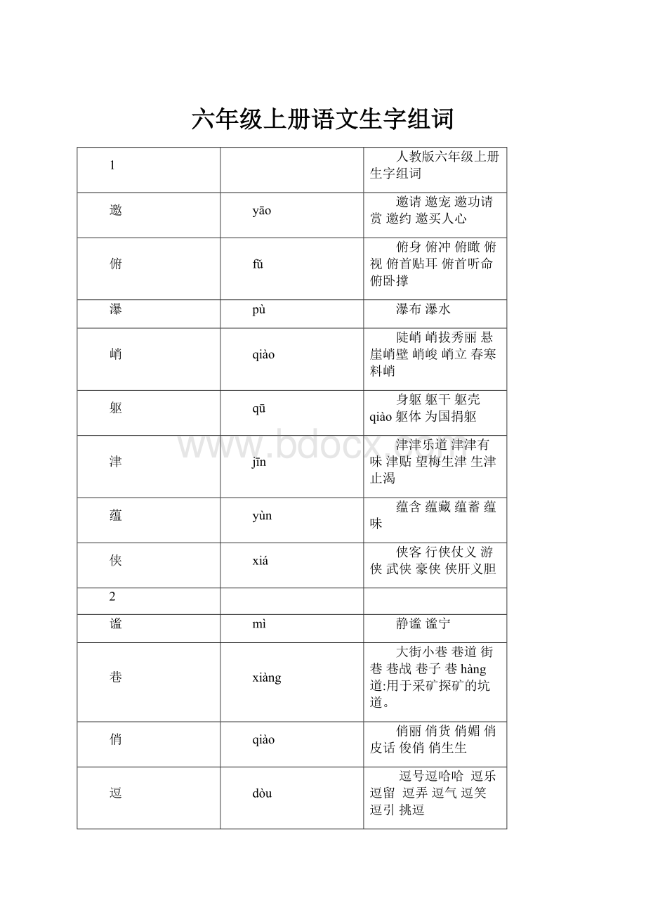 六年级上册语文生字组词.docx