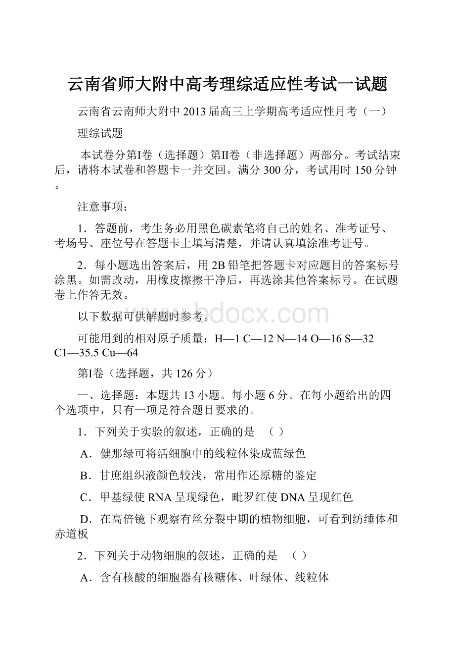 云南省师大附中高考理综适应性考试一试题.docx_第1页