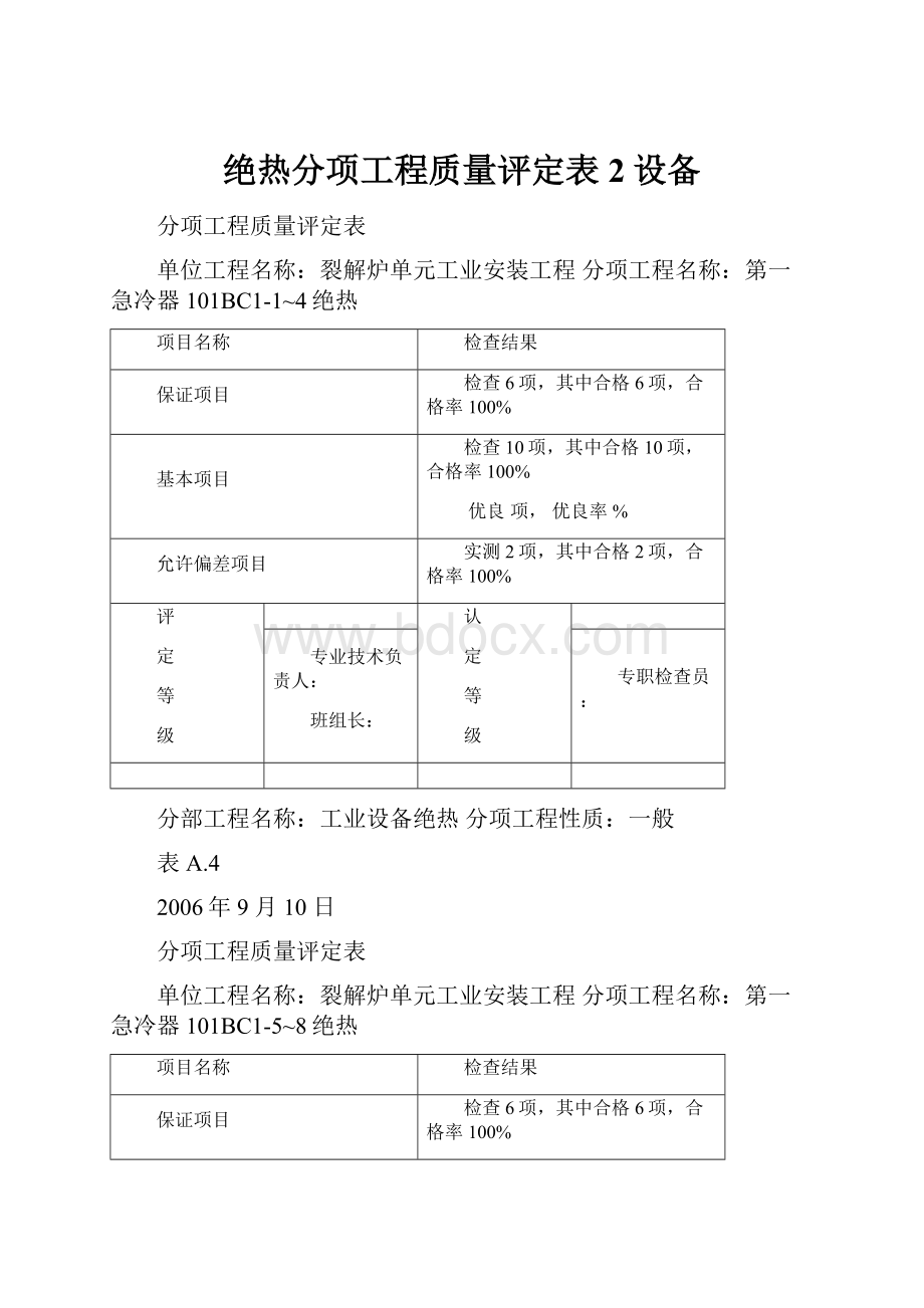 绝热分项工程质量评定表2设备.docx_第1页