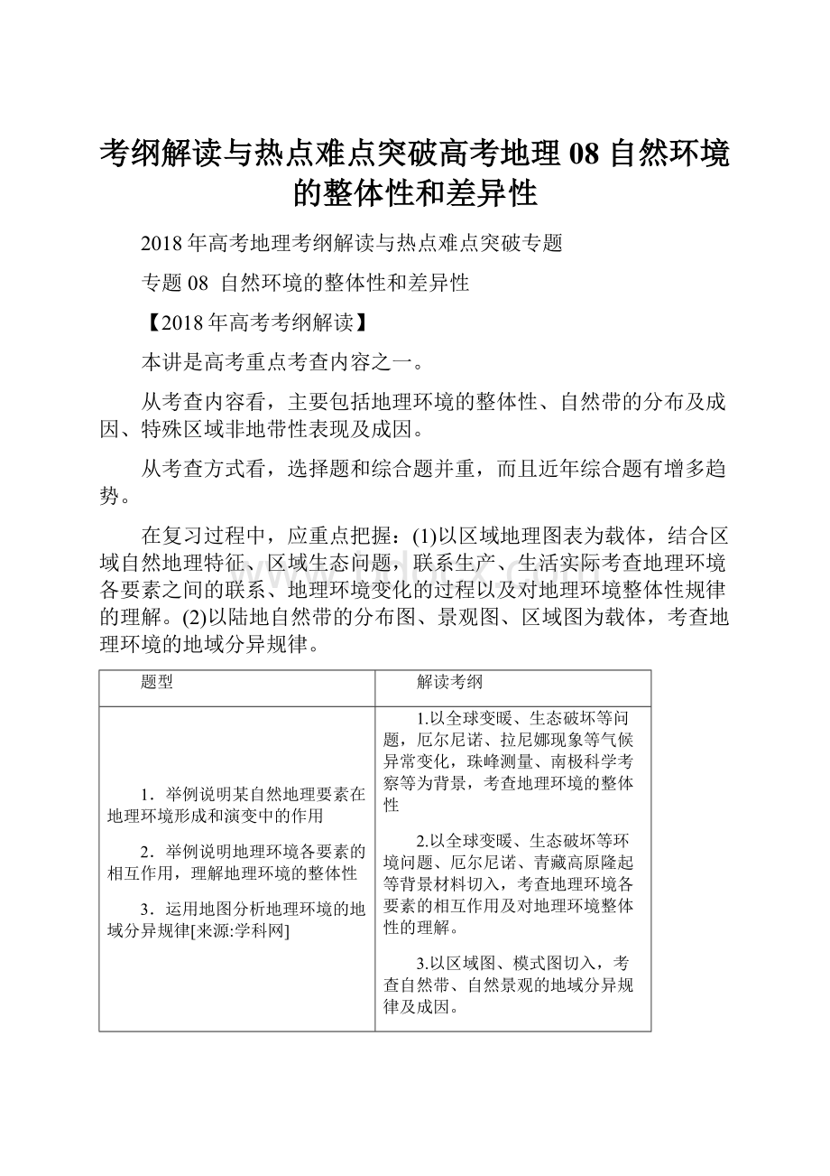 考纲解读与热点难点突破高考地理08自然环境的整体性和差异性.docx