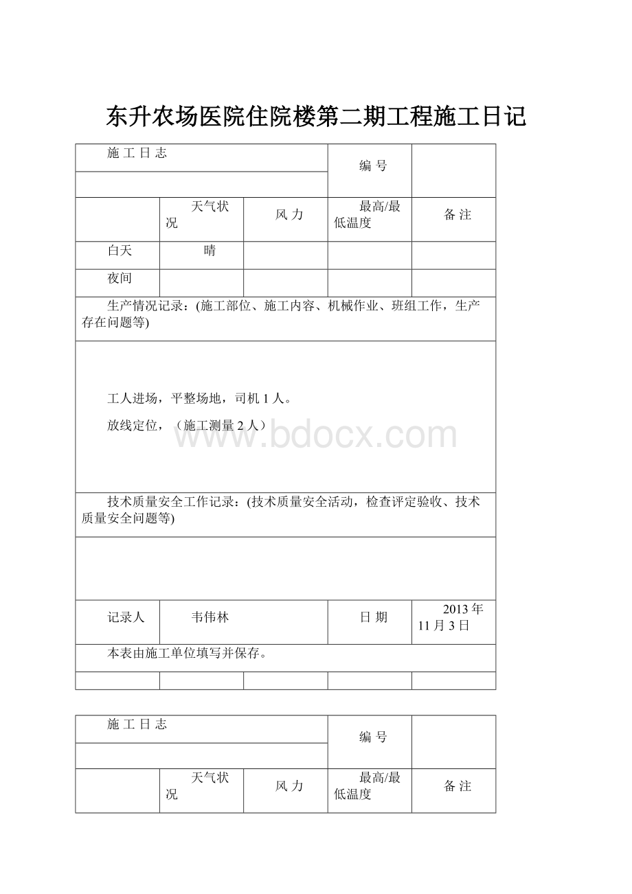 东升农场医院住院楼第二期工程施工日记.docx