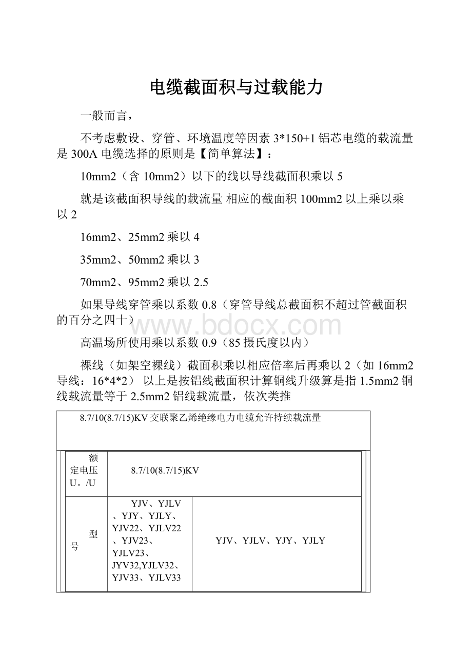 电缆截面积与过载能力.docx