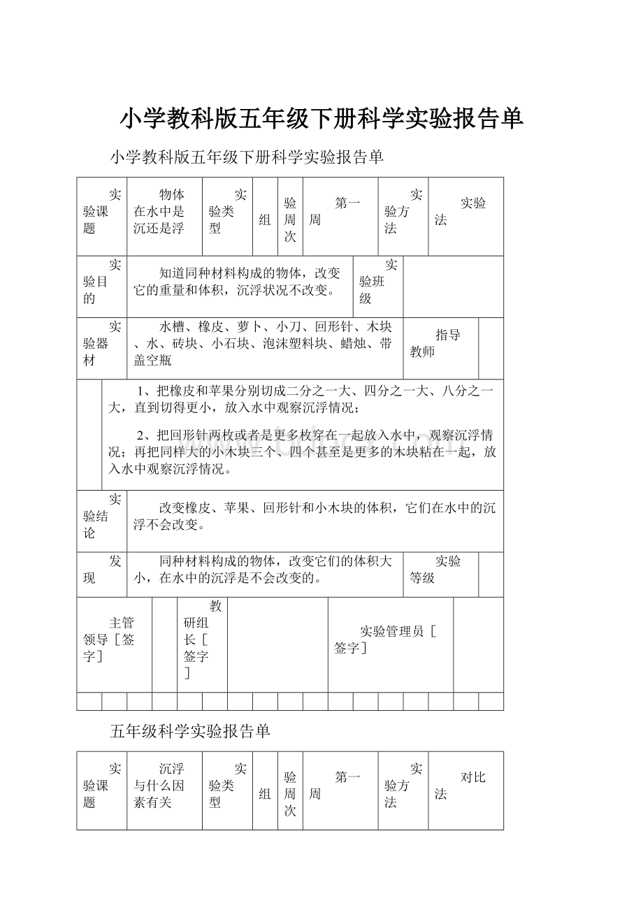 小学教科版五年级下册科学实验报告单.docx_第1页