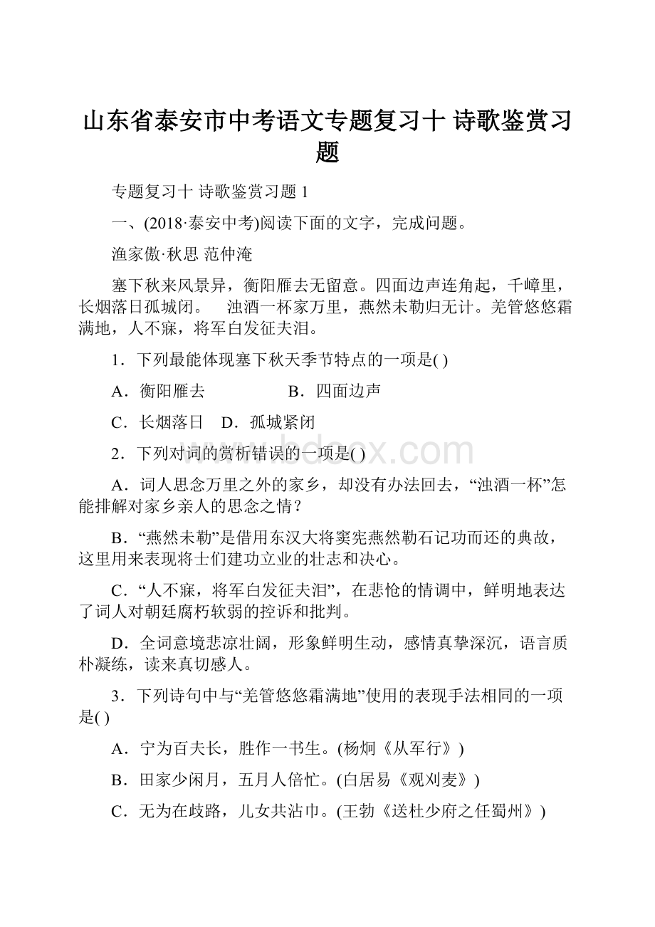 山东省泰安市中考语文专题复习十 诗歌鉴赏习题.docx_第1页