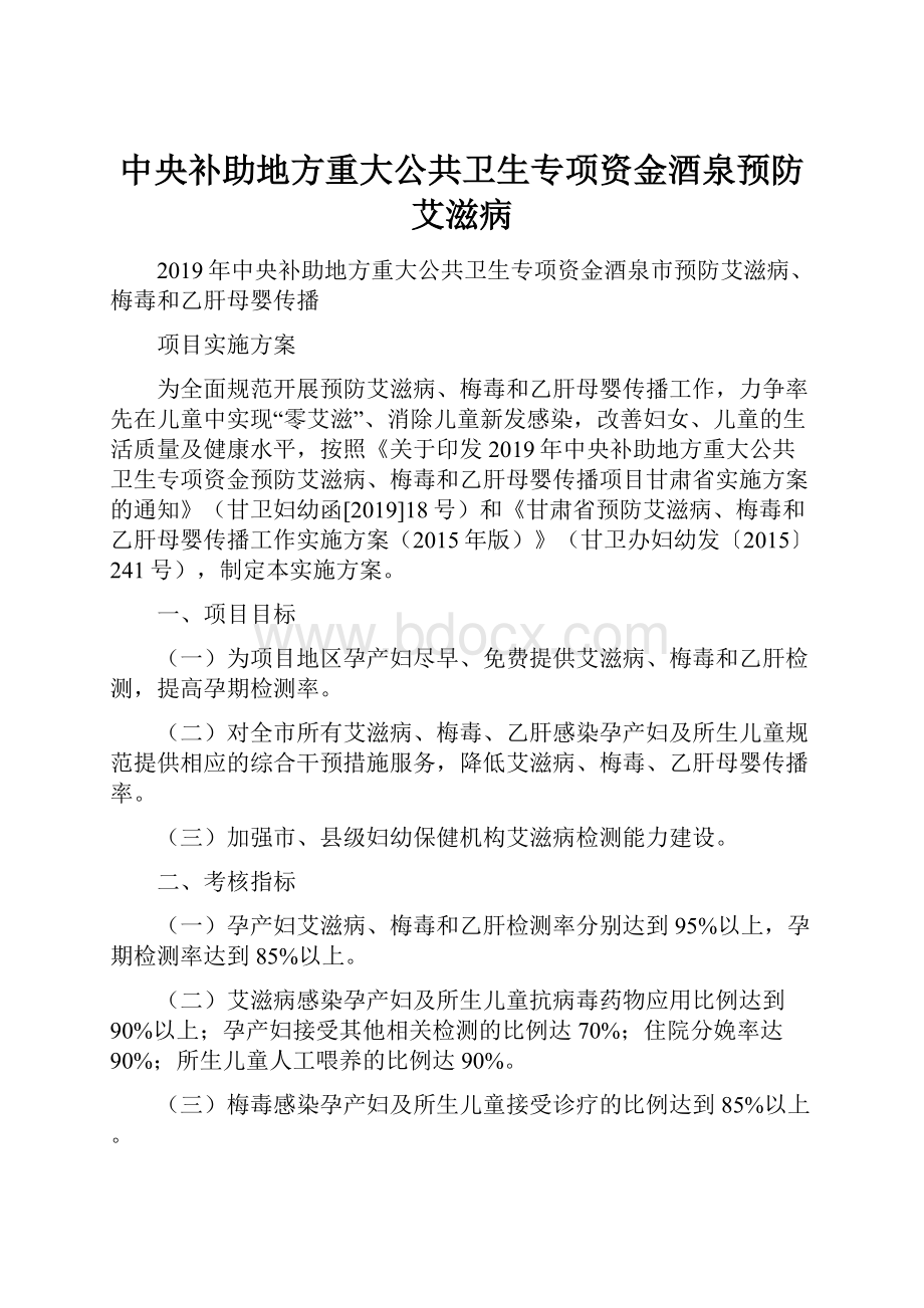 中央补助地方重大公共卫生专项资金酒泉预防艾滋病.docx_第1页