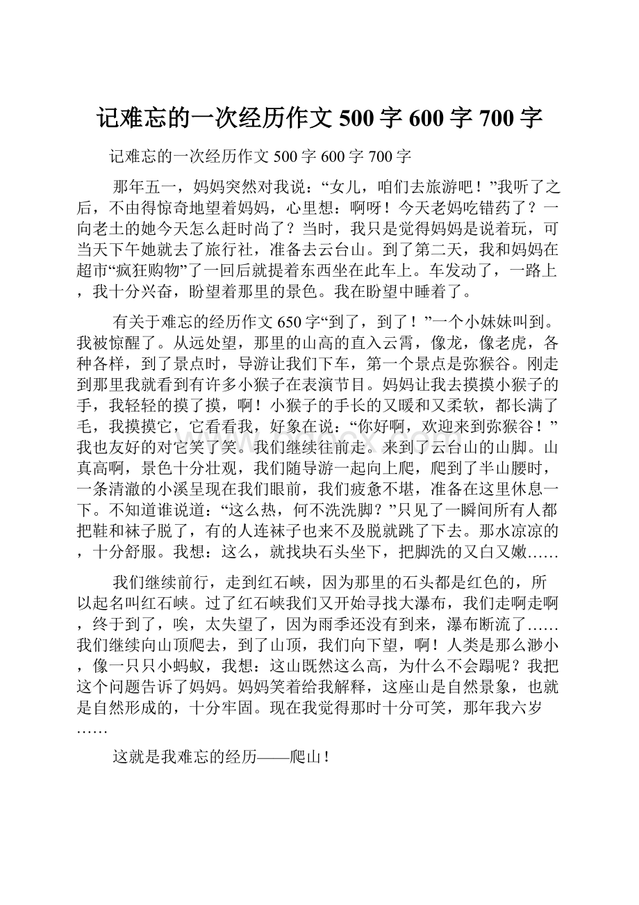 记难忘的一次经历作文500字600字700字.docx