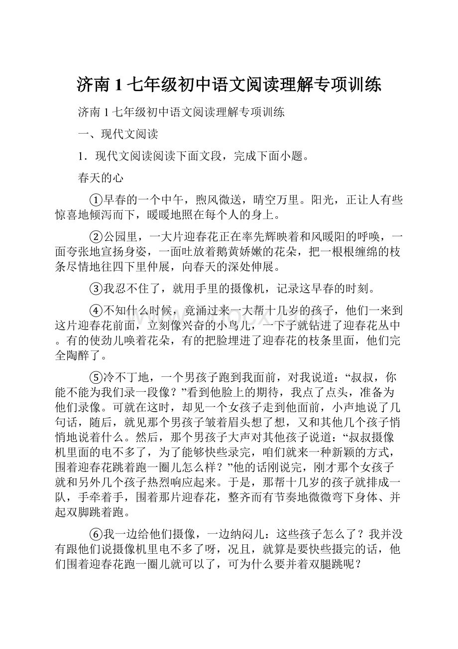 济南1七年级初中语文阅读理解专项训练.docx