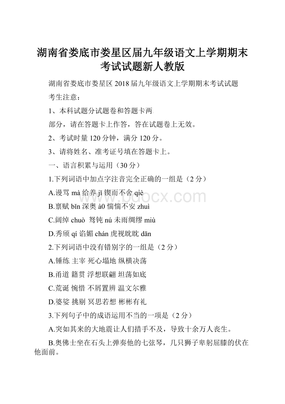 湖南省娄底市娄星区届九年级语文上学期期末考试试题新人教版.docx_第1页