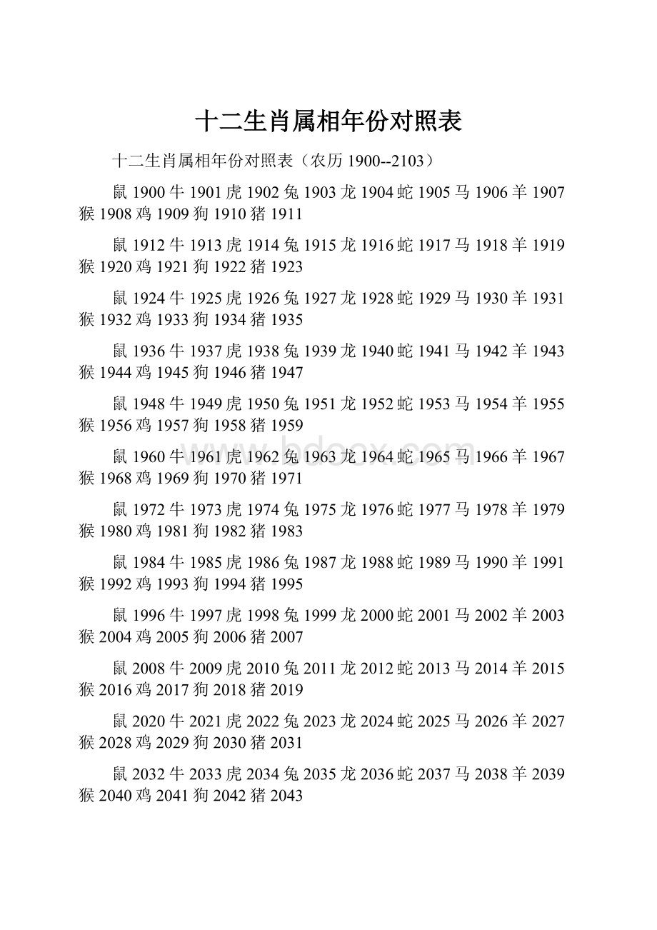 十二生肖属相年份对照表.docx_第1页