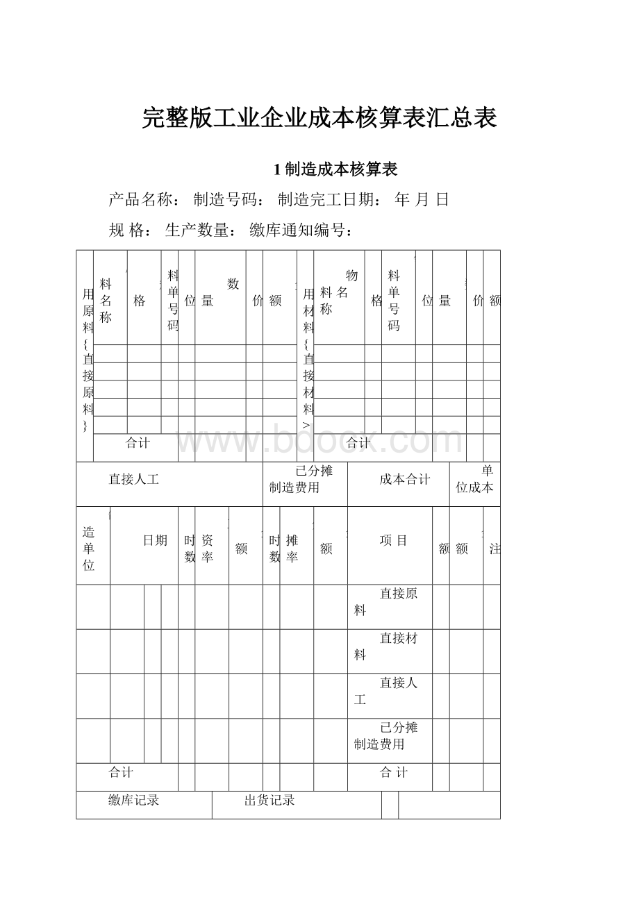 完整版工业企业成本核算表汇总表.docx