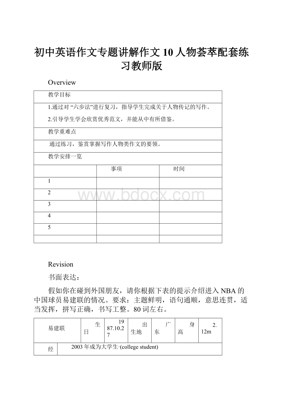 初中英语作文专题讲解作文10人物荟萃配套练习教师版.docx