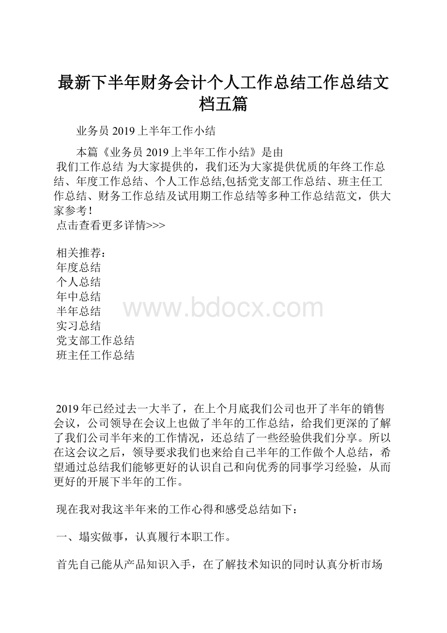 最新下半年财务会计个人工作总结工作总结文档五篇.docx