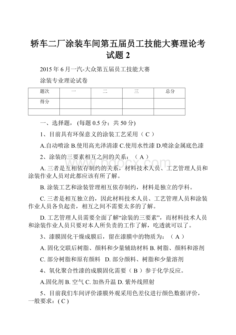 轿车二厂涂装车间第五届员工技能大赛理论考试题2.docx