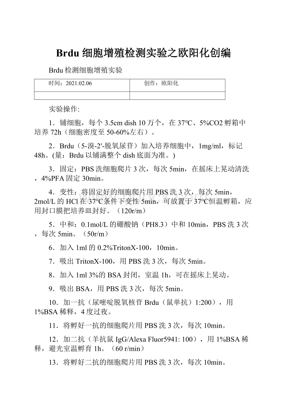 Brdu 细胞增殖检测实验之欧阳化创编.docx