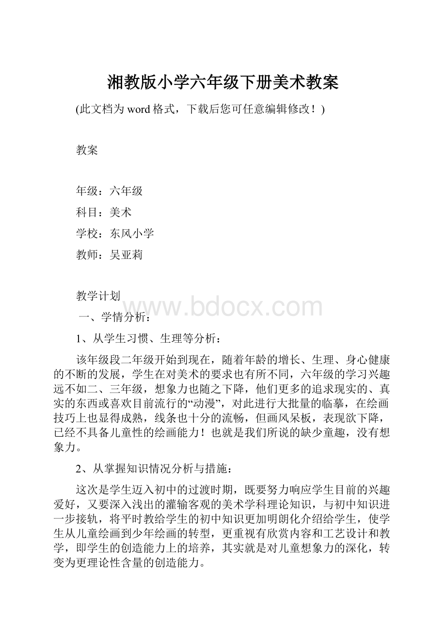 湘教版小学六年级下册美术教案.docx