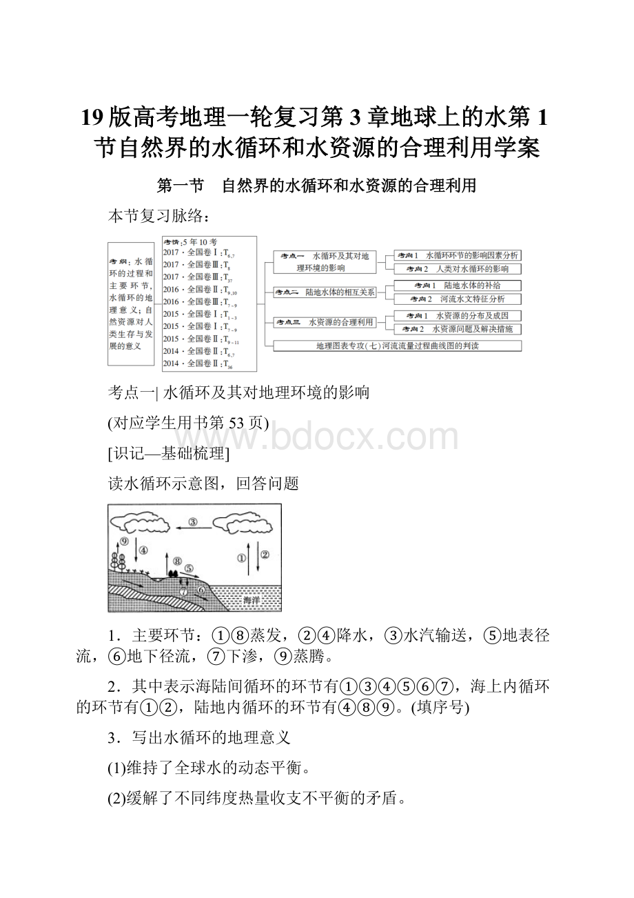 19版高考地理一轮复习第3章地球上的水第1节自然界的水循环和水资源的合理利用学案.docx_第1页