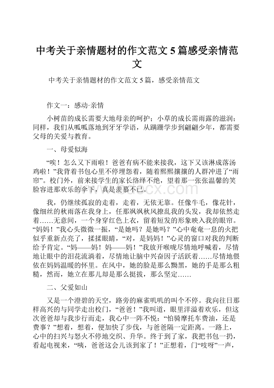 中考关于亲情题材的作文范文5篇感受亲情范文.docx