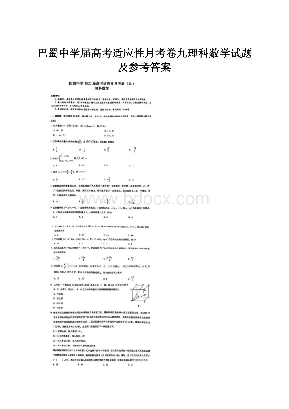 巴蜀中学届高考适应性月考卷九理科数学试题及参考答案.docx