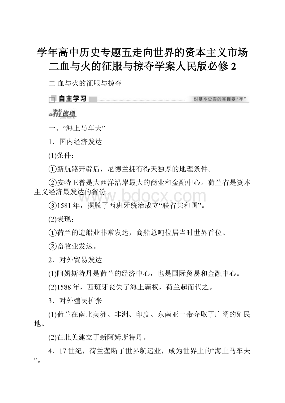 学年高中历史专题五走向世界的资本主义市场二血与火的征服与掠夺学案人民版必修2.docx