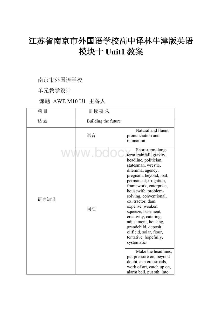 江苏省南京市外国语学校高中译林牛津版英语模块十Unit1教案.docx