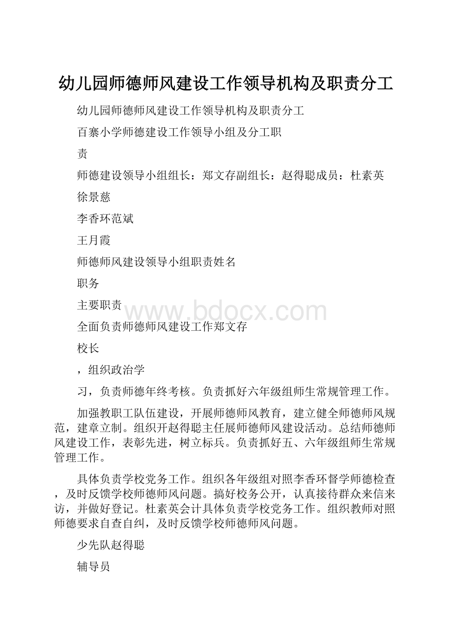 幼儿园师德师风建设工作领导机构及职责分工.docx