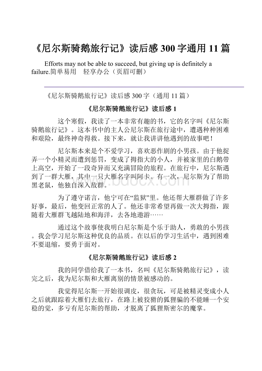 《尼尔斯骑鹅旅行记》读后感300字通用11篇.docx