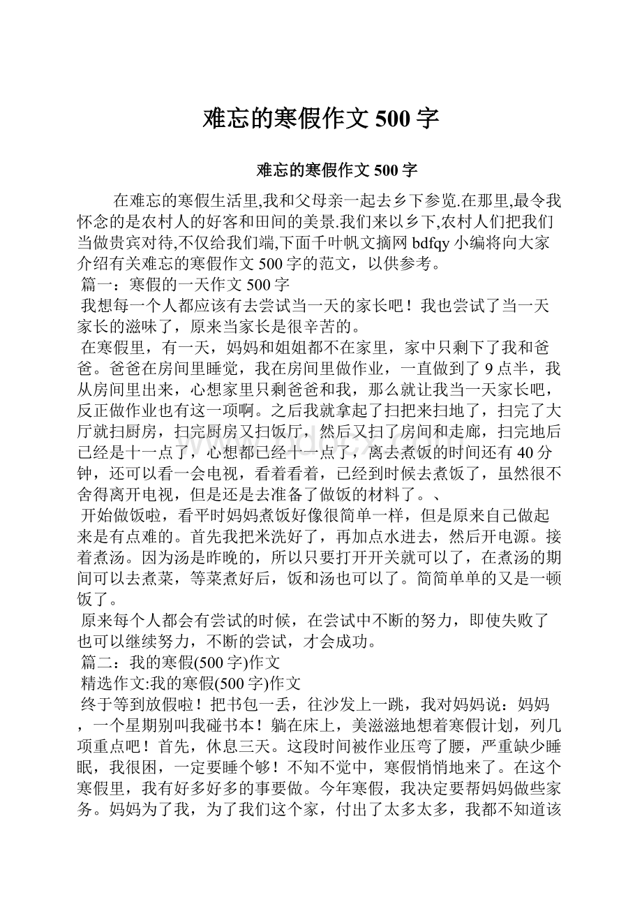 难忘的寒假作文500字.docx