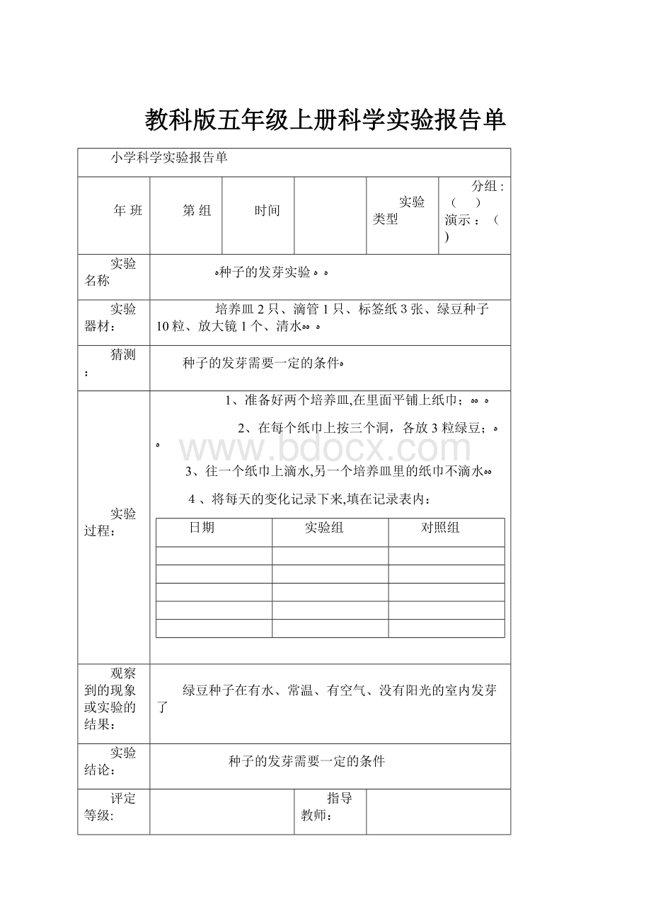 教科版五年级上册科学实验报告单.docx