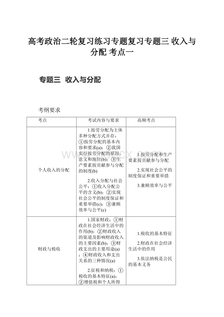 高考政治二轮复习练习专题复习专题三 收入与分配 考点一.docx