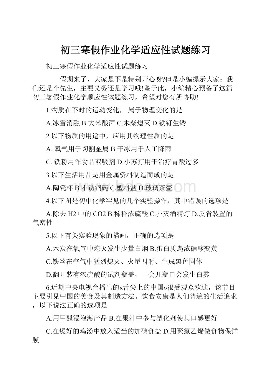 初三寒假作业化学适应性试题练习.docx