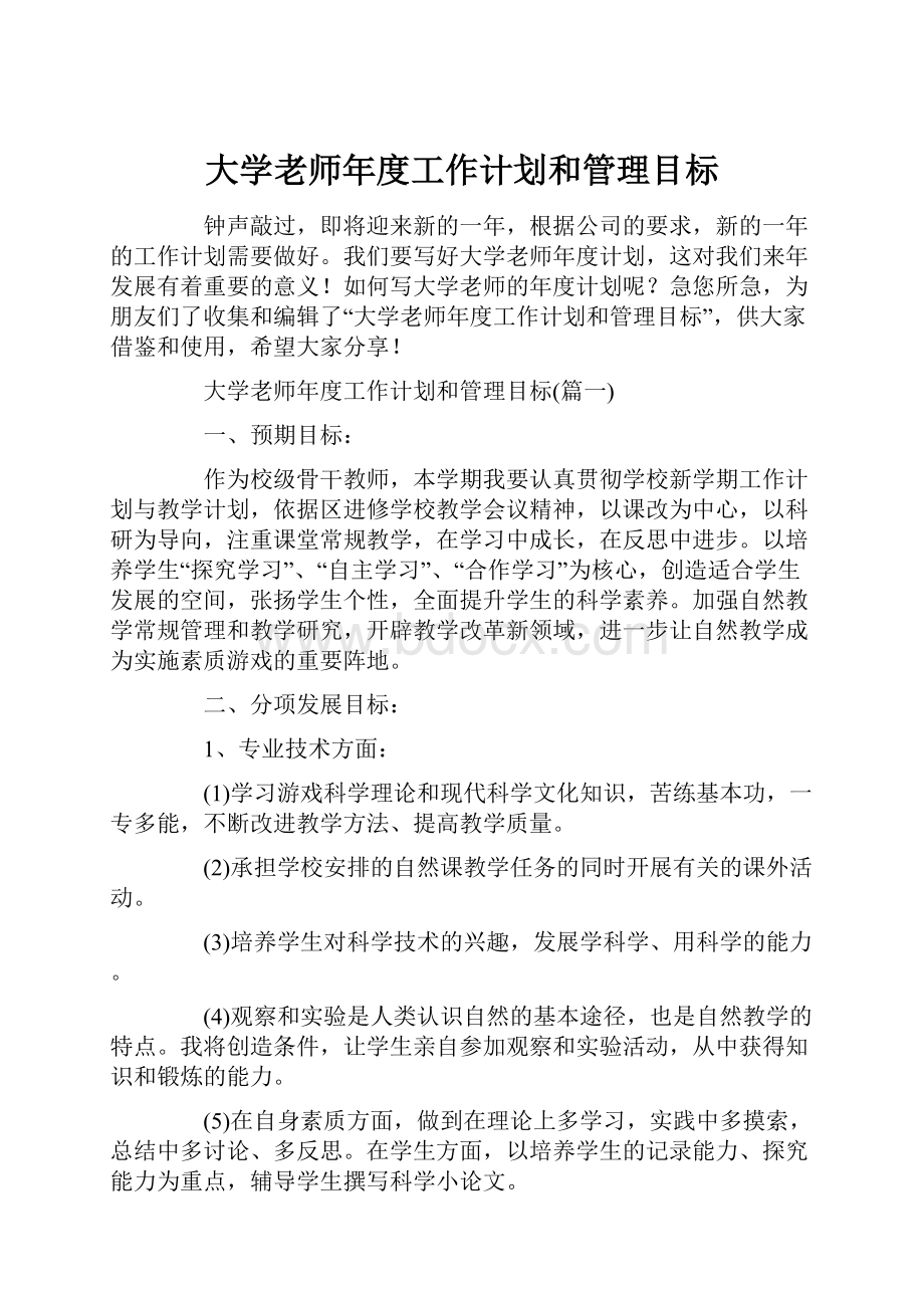 大学老师年度工作计划和管理目标.docx