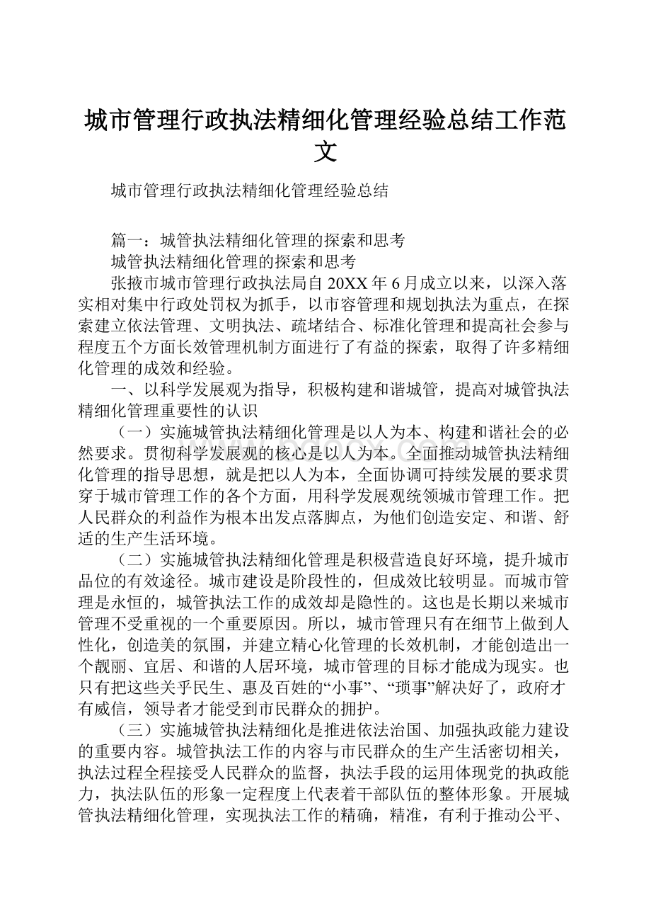 城市管理行政执法精细化管理经验总结工作范文.docx_第1页